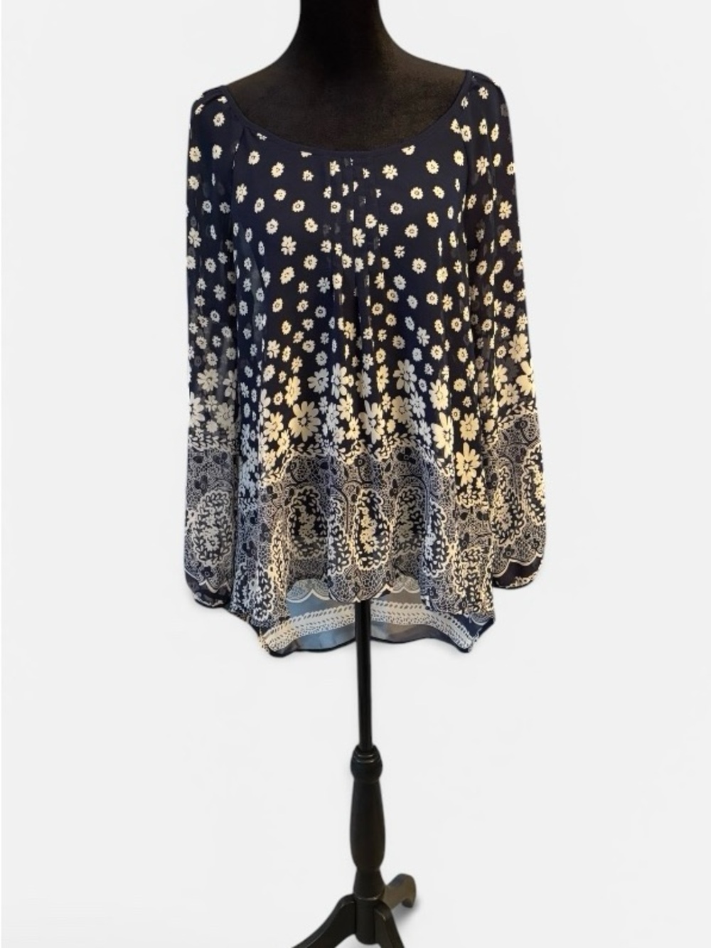 Blu Pepper Navy and White Floral Border Tunic. Size L